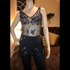 NWOT Carolina USA Black Sheer Beaded Tunic Blouse Sz S